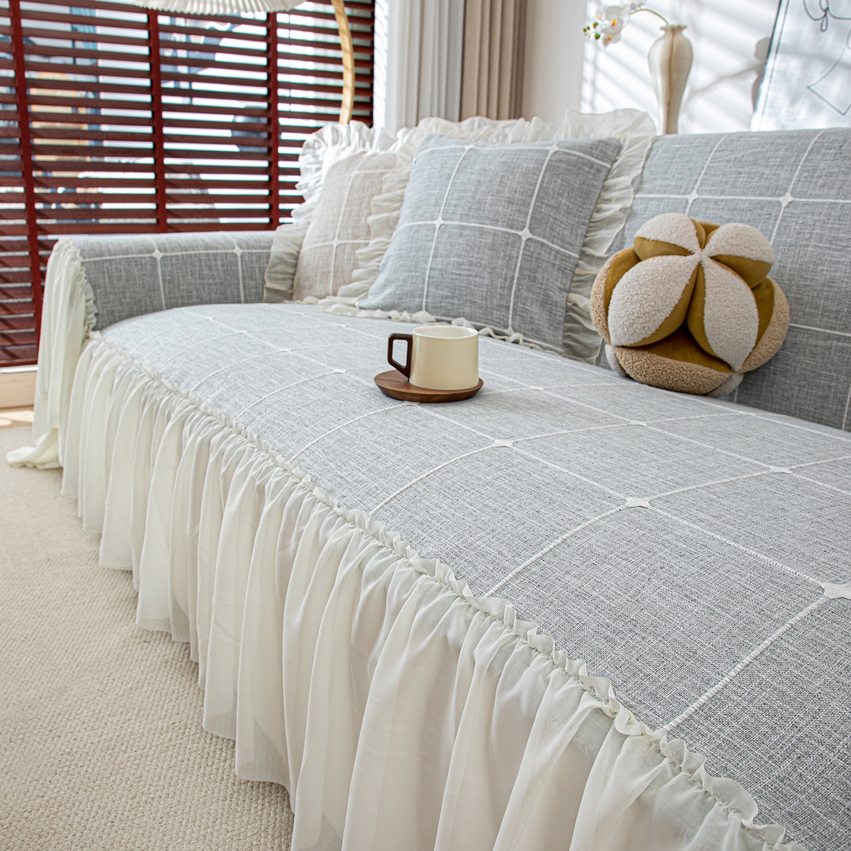 91家纺网 家纺一手货源 找家纺 沐沐家纺 2026新款方醇沙发巾 湖水蓝