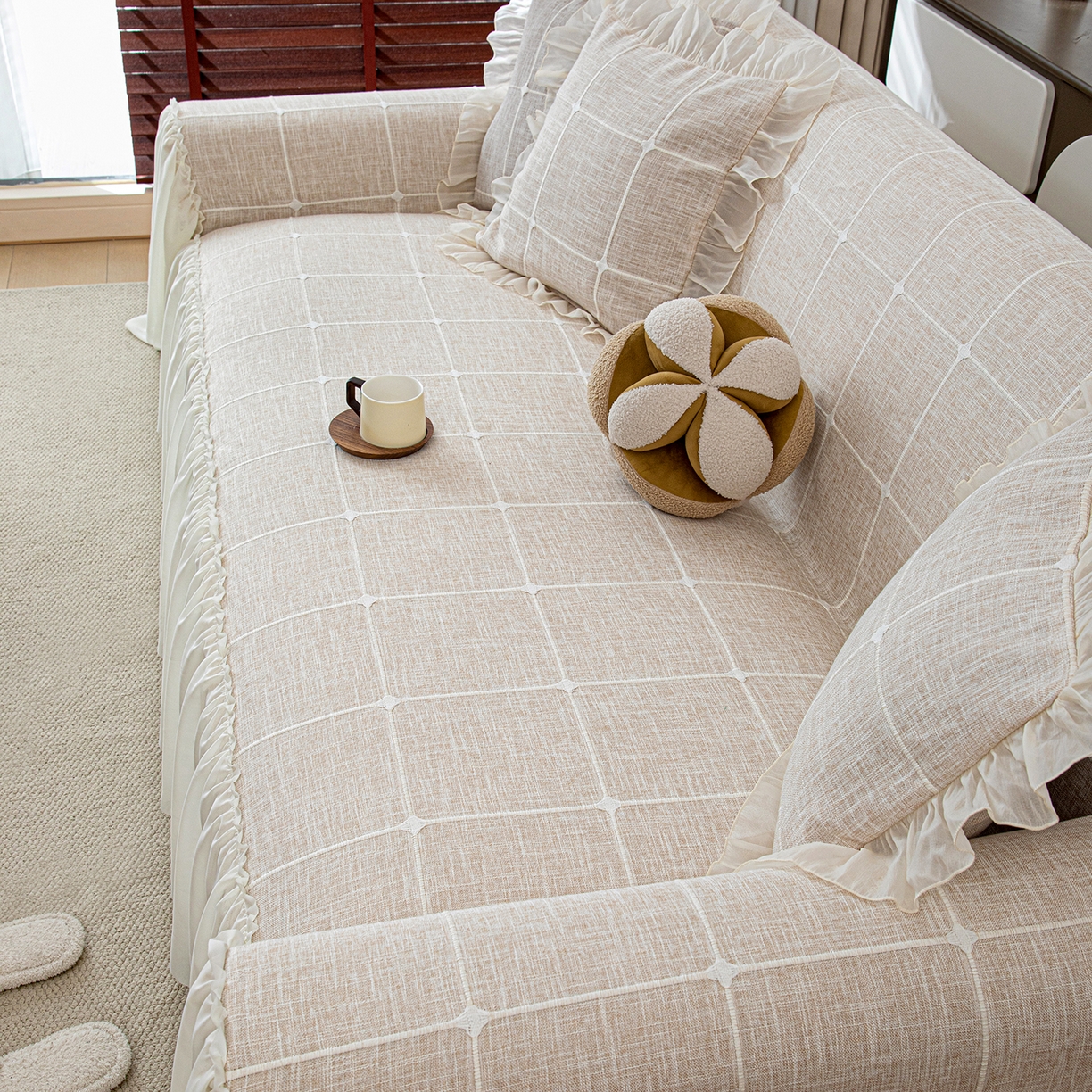 91家纺网 家纺一手货源 找家纺 沐沐家纺 2026新款方醇沙发巾 米白