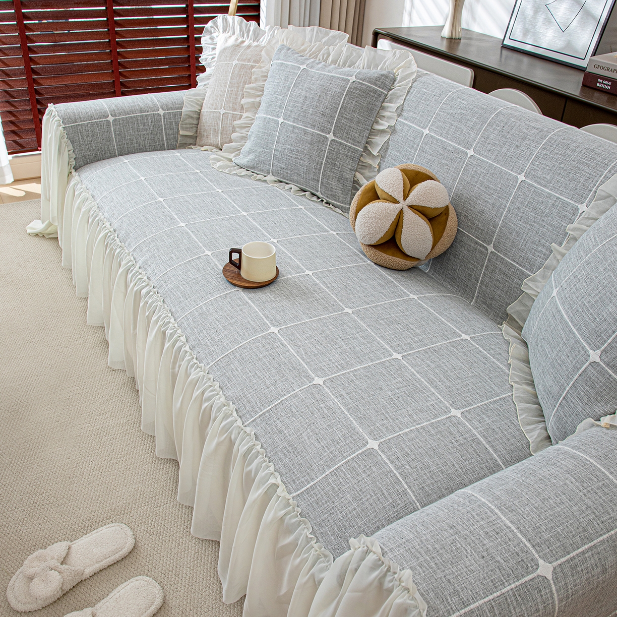 沐沐家纺 2026新款方醇沙发巾 湖水蓝