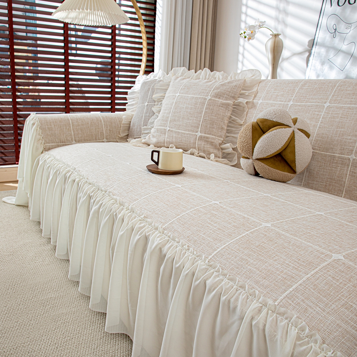 91家纺网 家纺一手货源 找家纺 沐沐家纺 2026新款方醇沙发巾 米白