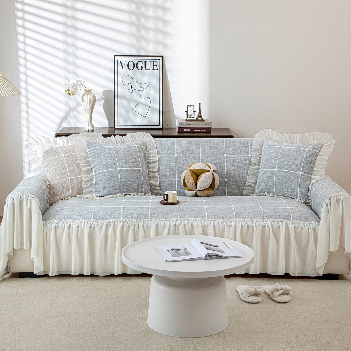 91家纺网 家纺一手货源 找家纺 沐沐家纺 2026新款方醇沙发巾 湖水蓝