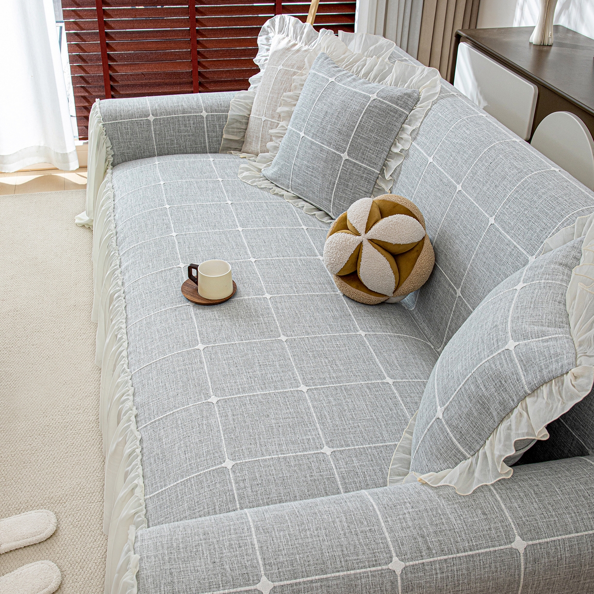 91家纺网 家纺一手货源 找家纺 沐沐家纺 2026新款方醇沙发巾 湖水蓝