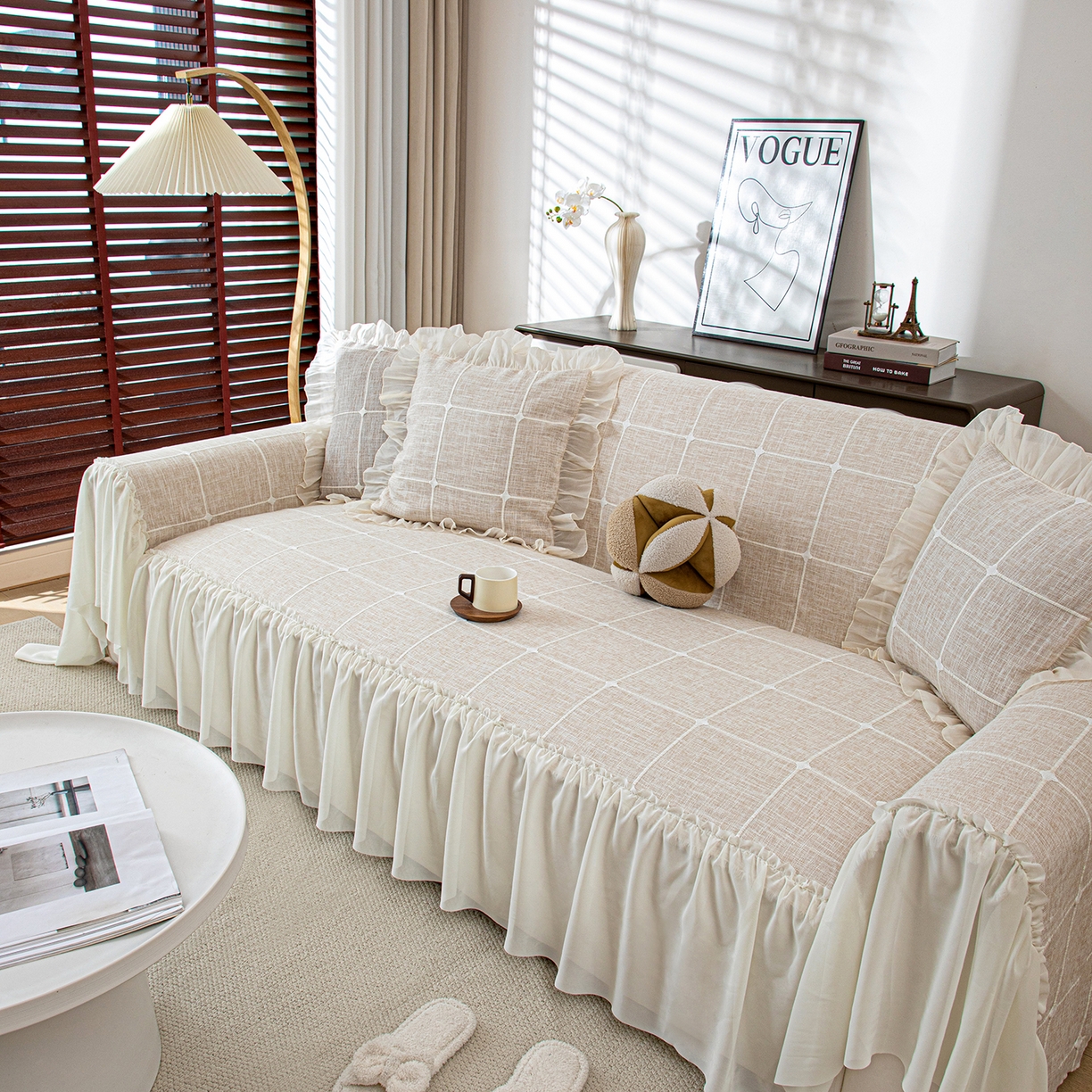 91家纺网 家纺一手货源 找家纺 沐沐家纺 2026新款方醇沙发巾 米白