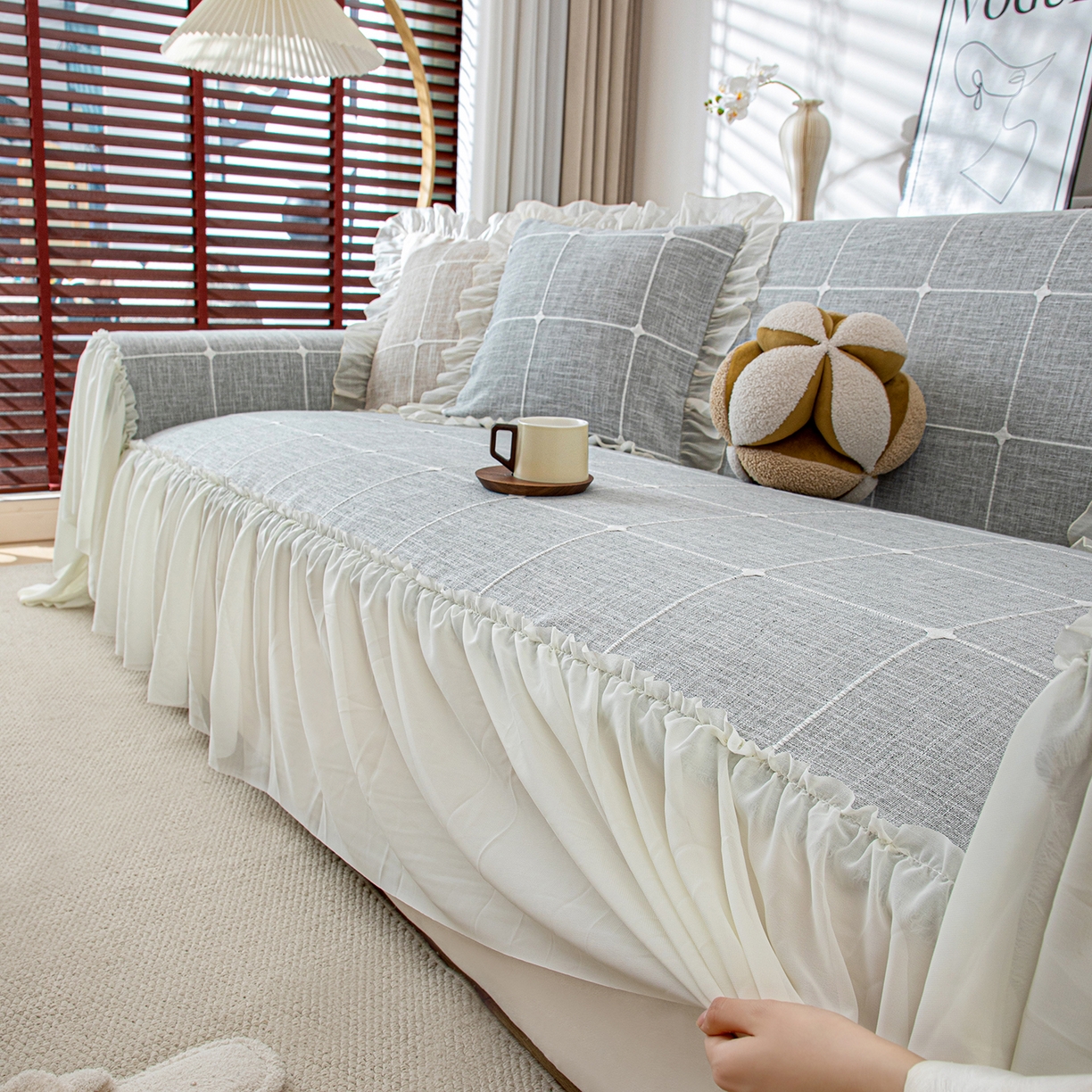 91家纺网 家纺一手货源 找家纺 沐沐家纺 2026新款方醇沙发巾 湖水蓝