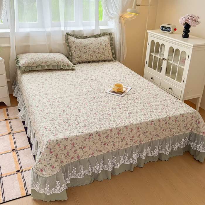 91家纺网 家纺一手货源 找家纺 艺慕家纺 2025新款水洗棉麻双层纱夏被床盖四件套 绿藤花语