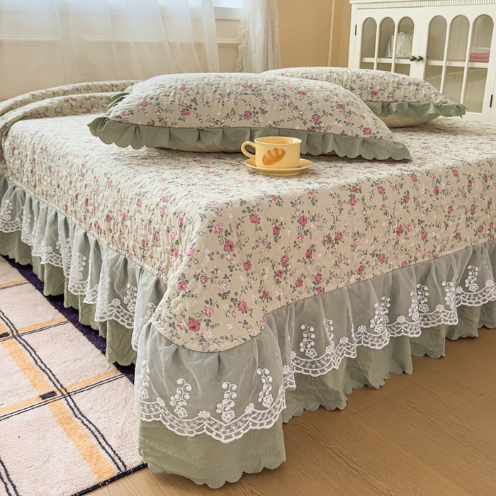 91家纺网 家纺一手货源 找家纺 艺慕家纺 2025新款水洗棉麻双层纱夏被床盖四件套 绿藤花语