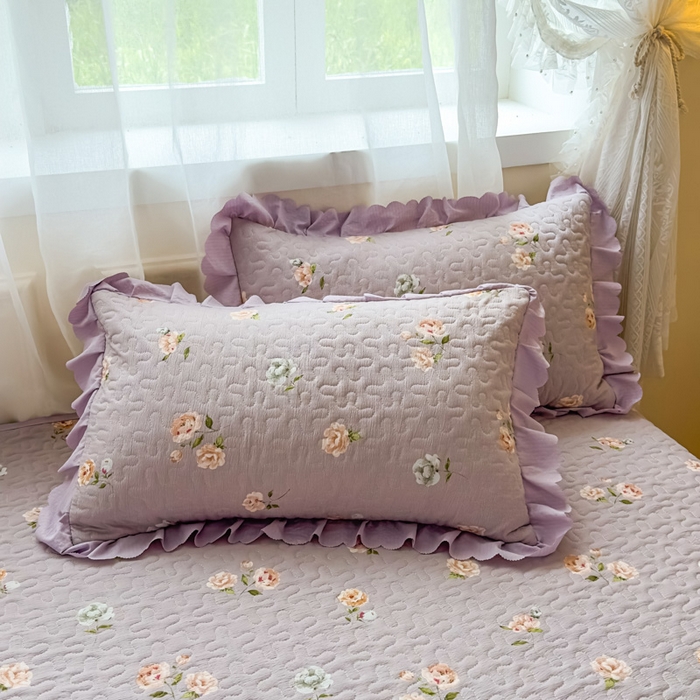 91家纺网 家纺一手货源 找家纺 艺慕家纺 2025新款水洗棉麻双层纱夏被床盖四件套 紫菱花园