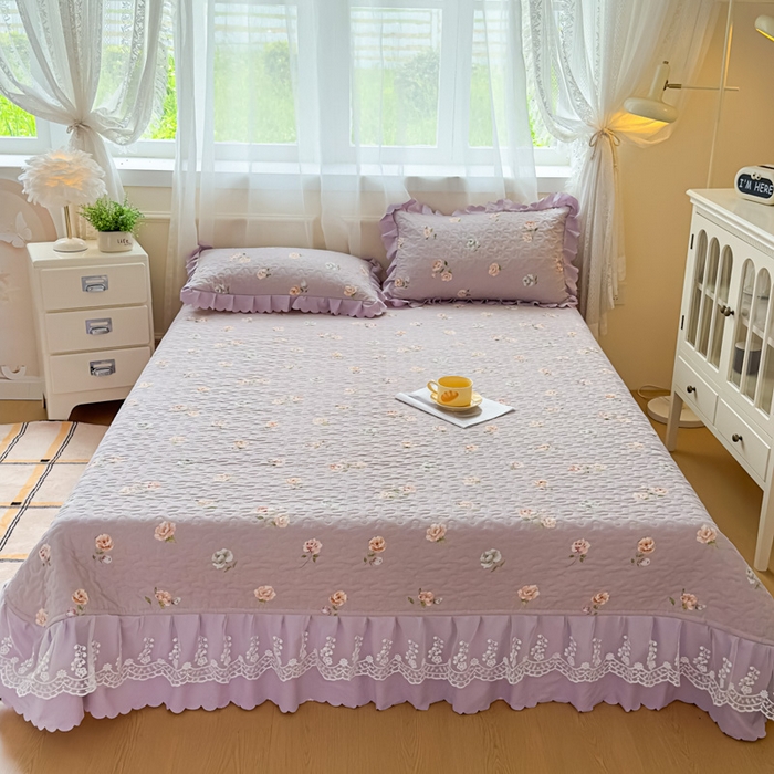 91家纺网 家纺一手货源 找家纺 艺慕家纺 2025新款水洗棉麻双层纱夏被床盖四件套 紫菱花园