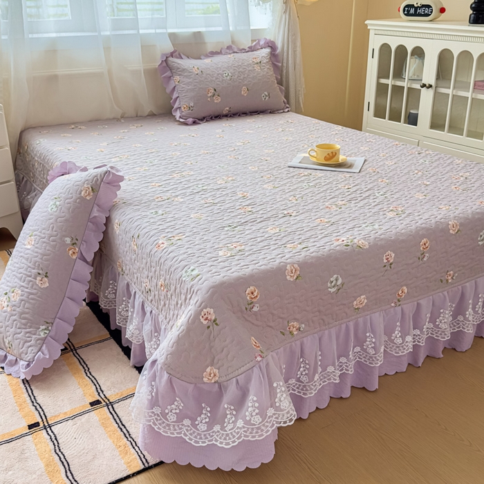 91家纺网 家纺一手货源 找家纺 艺慕家纺 2025新款水洗棉麻双层纱夏被床盖四件套 紫菱花园