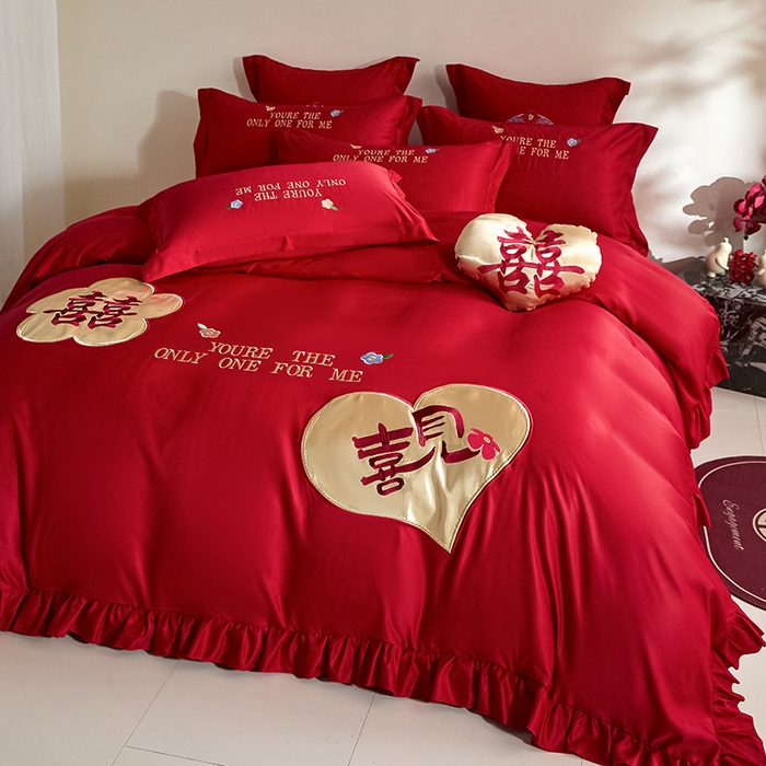 91家纺网 家纺一手货源 找家纺 （总）玉雅家纺 2025新款水洗冰丝刺绣床裙款婚庆四件套