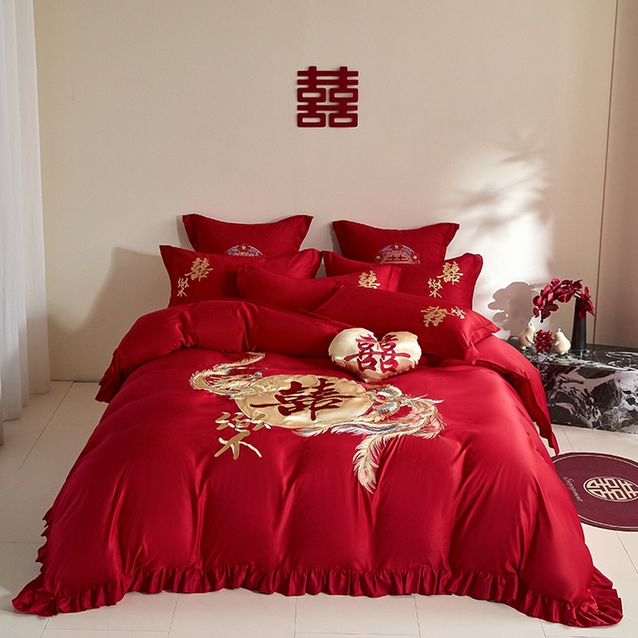 玉雅家纺 2025新款水洗冰丝刺绣床裙款婚庆四件套 床裙款-龙凤缘