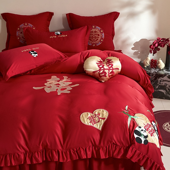 91家纺网 家纺一手货源 找家纺 玉雅家纺 2025新款水洗冰丝刺绣床裙款婚庆四件套 床裙款-欢欢喜喜