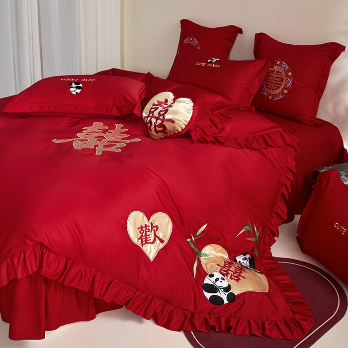 91家纺网 家纺一手货源 找家纺 玉雅家纺 2025新款水洗冰丝刺绣床裙款婚庆四件套 床裙款-欢欢喜喜