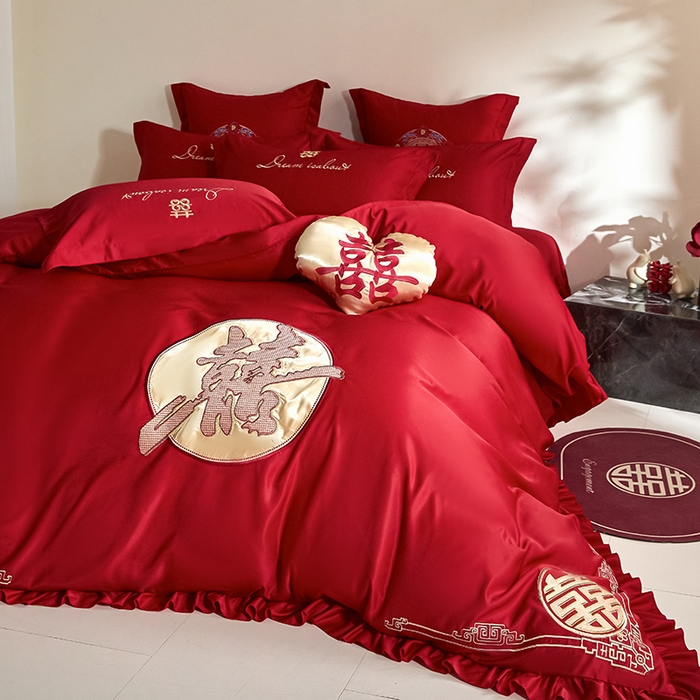 91家纺网 家纺一手货源 找家纺 玉雅家纺 2025新款水洗冰丝刺绣床裙款婚庆四件套 床裙款-喜临门