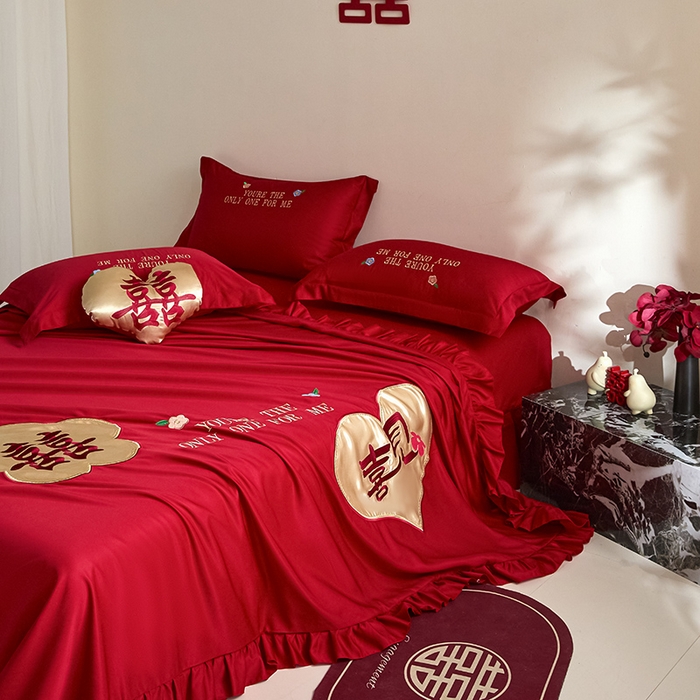 91家纺网 家纺一手货源 找家纺 （总）玉雅家纺 2025新款水洗冰丝刺绣床裙款婚庆四件套