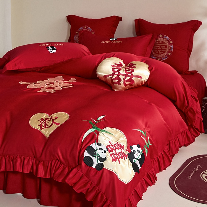 91家纺网 家纺一手货源 找家纺 玉雅家纺 2025新款水洗冰丝刺绣床裙款婚庆四件套 床裙款-欢欢喜喜