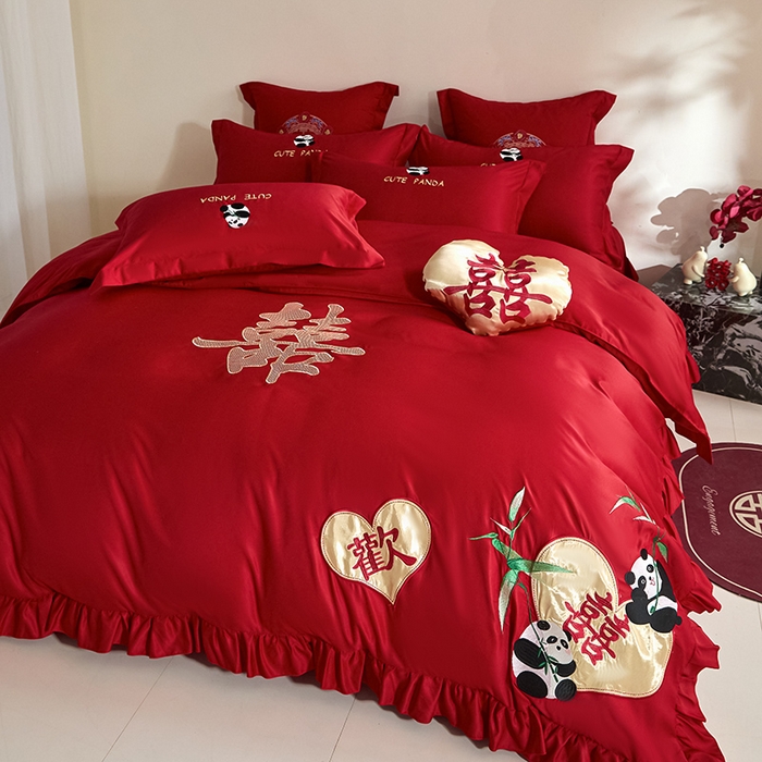 91家纺网 家纺一手货源 找家纺 玉雅家纺 2025新款水洗冰丝刺绣床裙款婚庆四件套 床裙款-欢欢喜喜