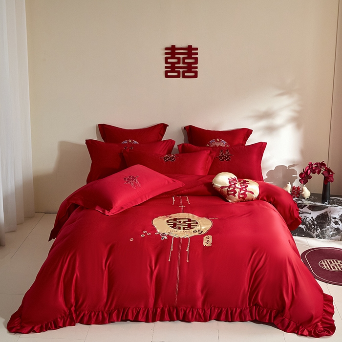 91家纺网 家纺一手货源 找家纺 （总）玉雅家纺 2025新款水洗冰丝刺绣床裙款婚庆四件套