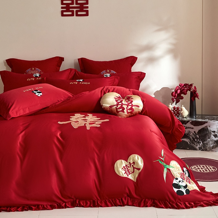 91家纺网 家纺一手货源 找家纺 玉雅家纺 2025新款水洗冰丝刺绣床裙款婚庆四件套 床裙款-欢欢喜喜