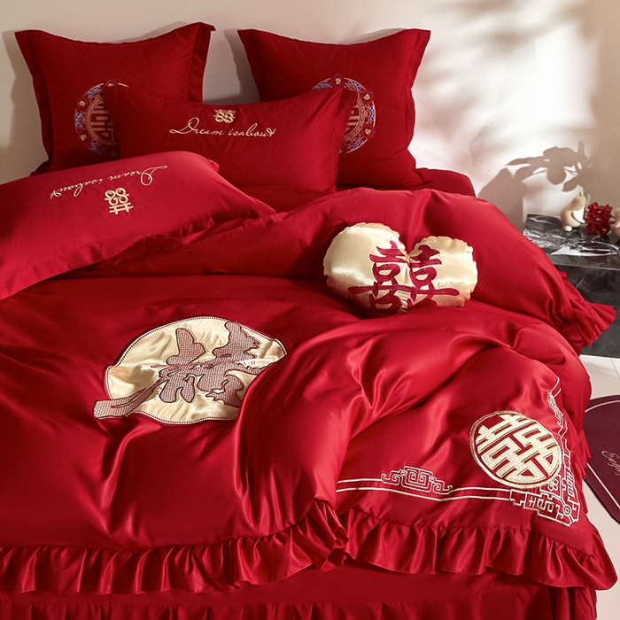 91家纺网 家纺一手货源 找家纺 玉雅家纺 2025新款水洗冰丝刺绣床裙款婚庆四件套 床裙款-喜临门