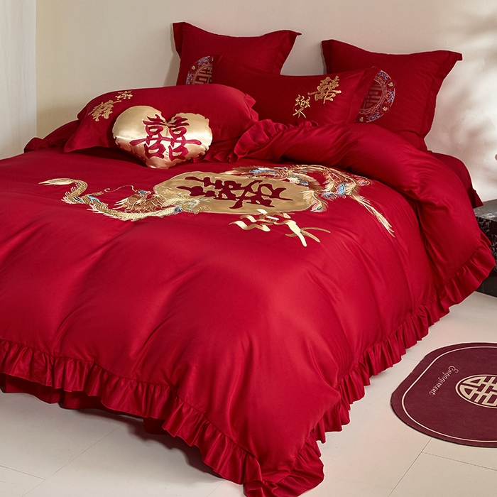 91家纺网 家纺一手货源 找家纺 玉雅家纺 2025新款水洗冰丝刺绣床裙款婚庆四件套 床裙款-龙凤缘