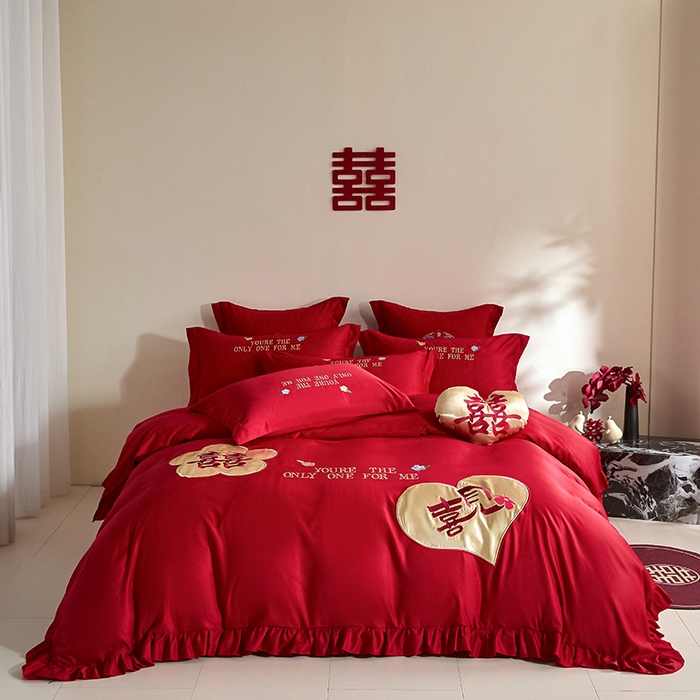 玉雅家纺 2025新款水洗冰丝刺绣床裙款婚庆四件套 床裙款-爱意浓