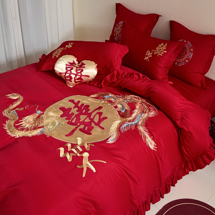 91家纺网 家纺一手货源 找家纺 玉雅家纺 2025新款水洗冰丝刺绣床裙款婚庆四件套 床裙款-龙凤缘