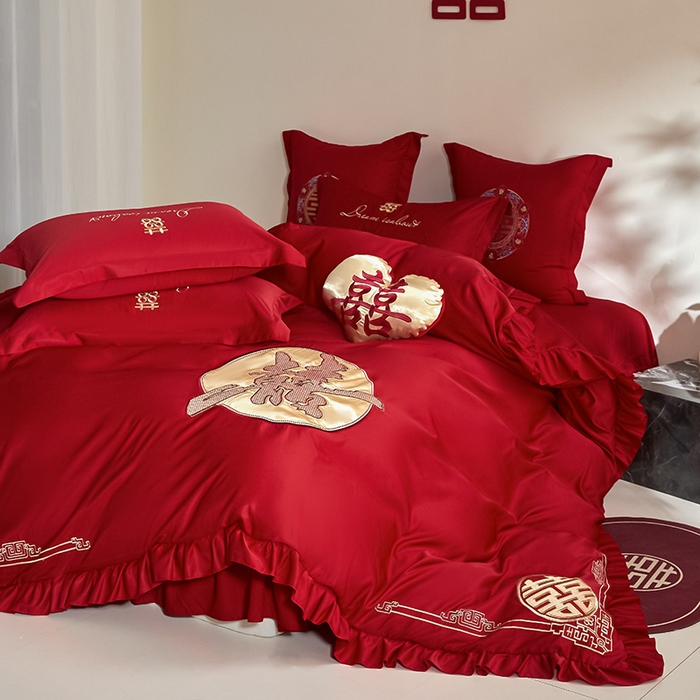 91家纺网 家纺一手货源 找家纺 玉雅家纺 2025新款水洗冰丝刺绣床裙款婚庆四件套 床裙款-喜临门