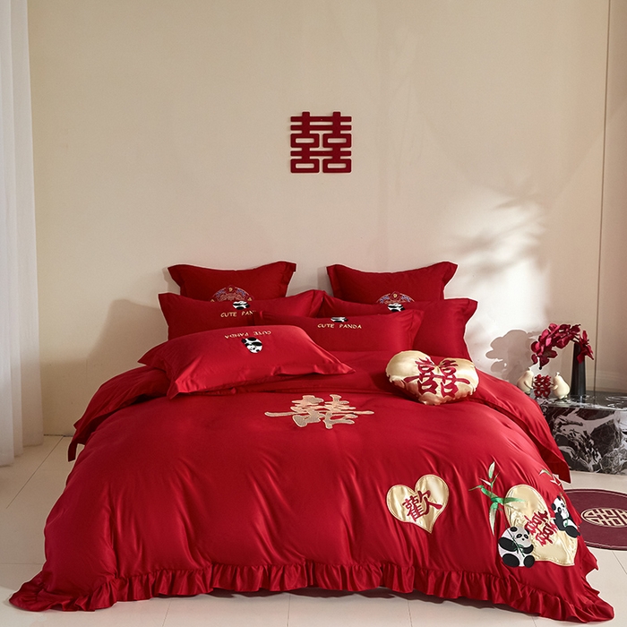 玉雅家纺 2025新款水洗冰丝刺绣床裙款婚庆四件套 床裙款-欢欢喜喜