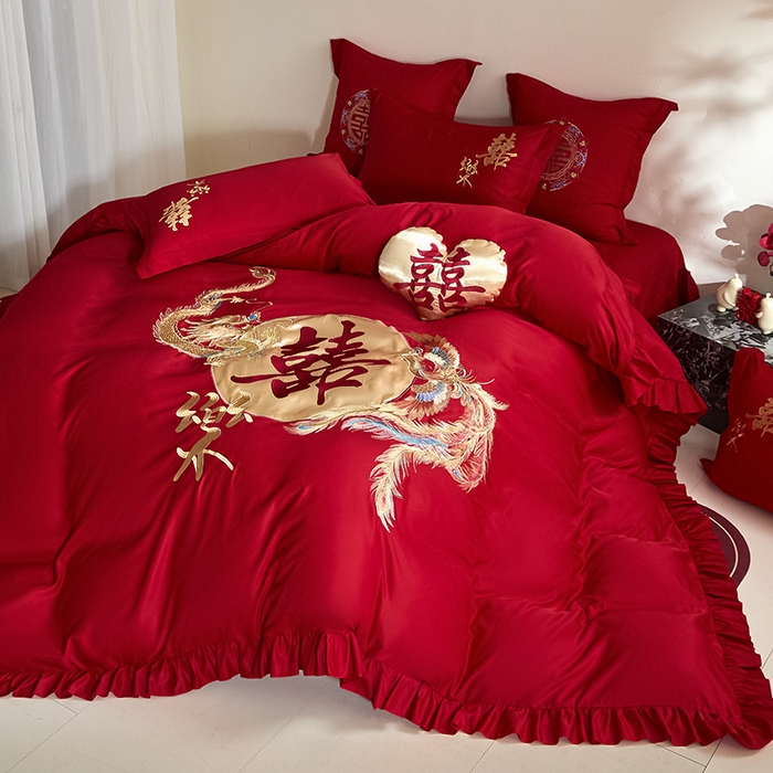 91家纺网 家纺一手货源 找家纺 玉雅家纺 2025新款水洗冰丝刺绣床裙款婚庆四件套 床裙款-龙凤缘