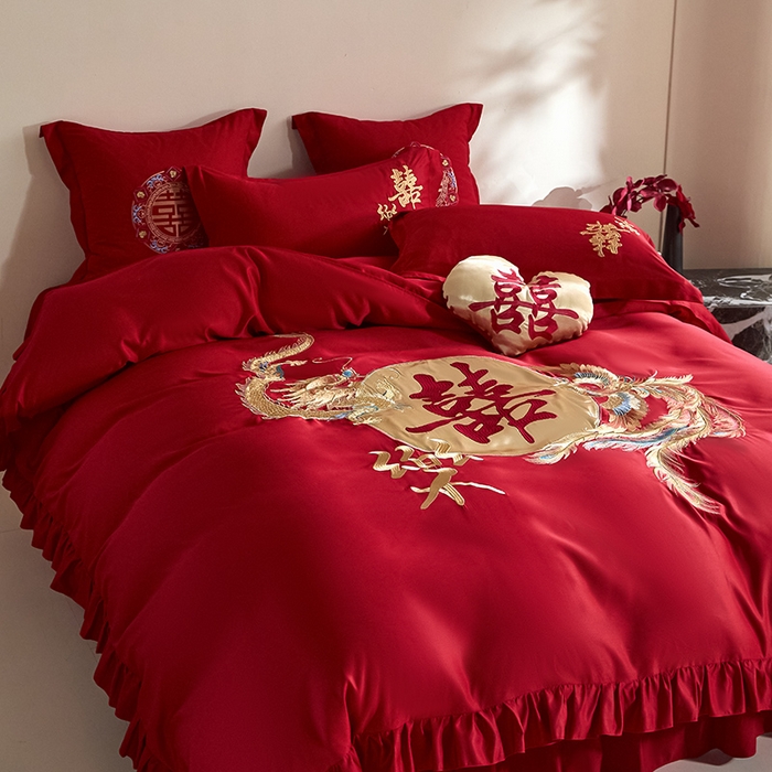 91家纺网 家纺一手货源 找家纺 玉雅家纺 2025新款水洗冰丝刺绣床裙款婚庆四件套 床裙款-龙凤缘