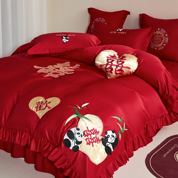 91家纺网 家纺一手货源 找家纺 玉雅家纺 2025新款水洗冰丝刺绣床裙款婚庆四件套 床裙款-欢欢喜喜