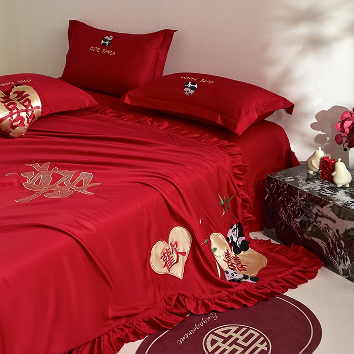 91家纺网 家纺一手货源 找家纺 玉雅家纺 2025新款水洗冰丝刺绣床裙款婚庆四件套 床裙款-欢欢喜喜