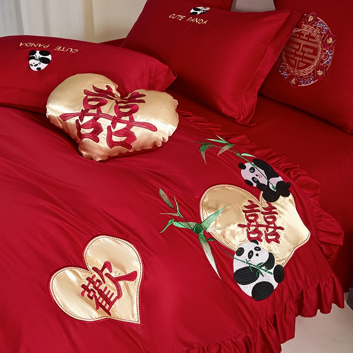 91家纺网 家纺一手货源 找家纺 玉雅家纺 2025新款水洗冰丝刺绣床裙款婚庆四件套 床裙款-欢欢喜喜