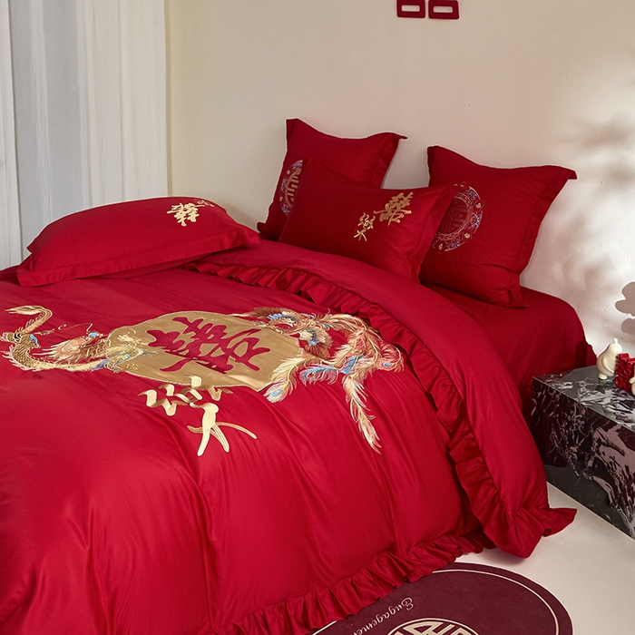 91家纺网 家纺一手货源 找家纺 玉雅家纺 2025新款水洗冰丝刺绣床裙款婚庆四件套 床裙款-龙凤缘