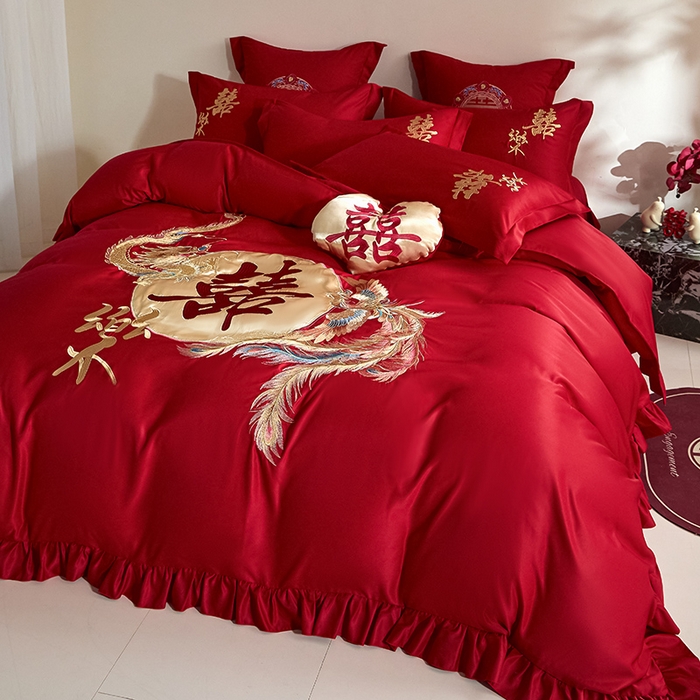 91家纺网 家纺一手货源 找家纺 玉雅家纺 2025新款水洗冰丝刺绣床裙款婚庆四件套 床裙款-龙凤缘