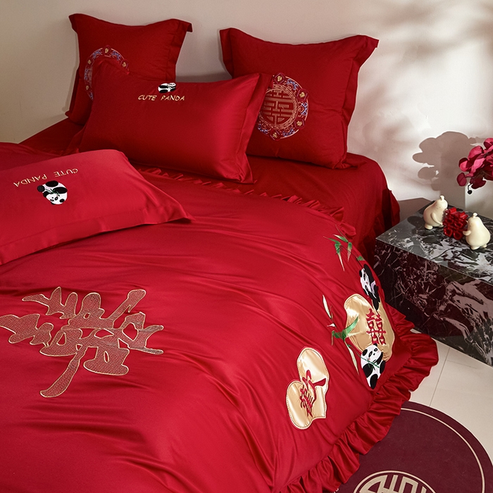 91家纺网 家纺一手货源 找家纺 玉雅家纺 2025新款水洗冰丝刺绣床裙款婚庆四件套 床裙款-欢欢喜喜