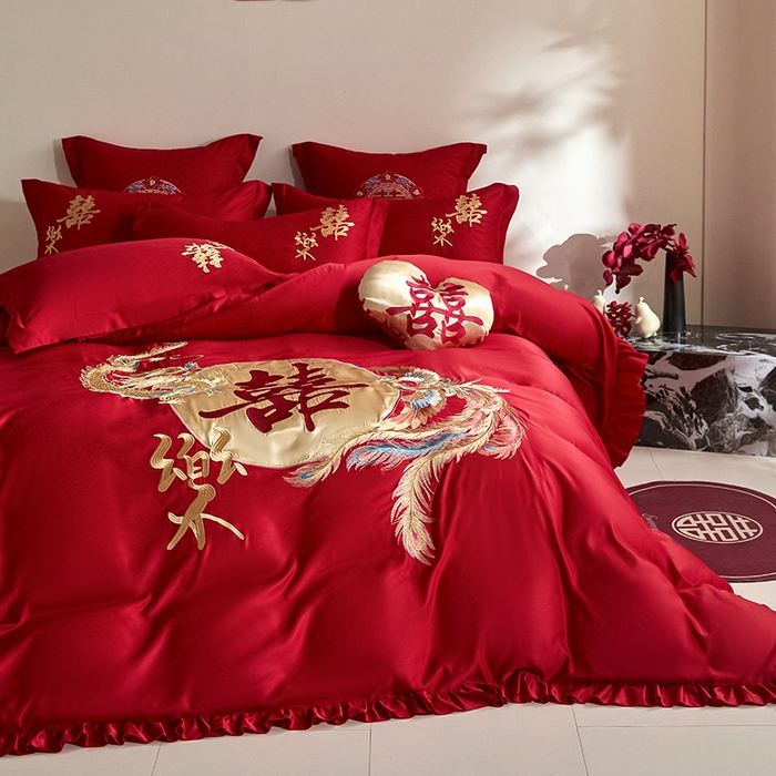 91家纺网 家纺一手货源 找家纺 玉雅家纺 2025新款水洗冰丝刺绣床裙款婚庆四件套 床裙款-龙凤缘