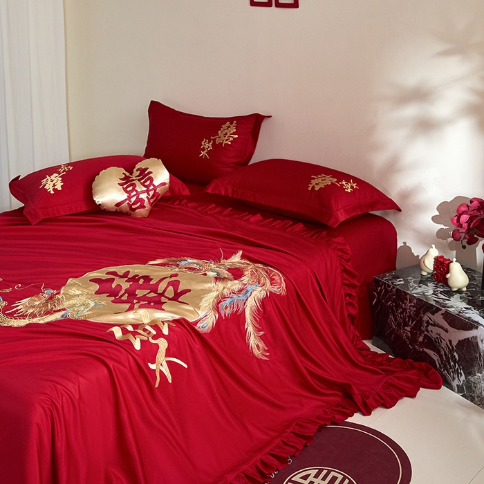 91家纺网 家纺一手货源 找家纺 玉雅家纺 2025新款水洗冰丝刺绣床裙款婚庆四件套 床裙款-龙凤缘