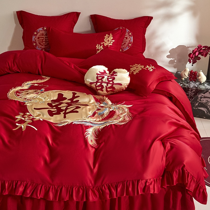 91家纺网 家纺一手货源 找家纺 玉雅家纺 2025新款水洗冰丝刺绣床裙款婚庆四件套 床裙款-龙凤缘