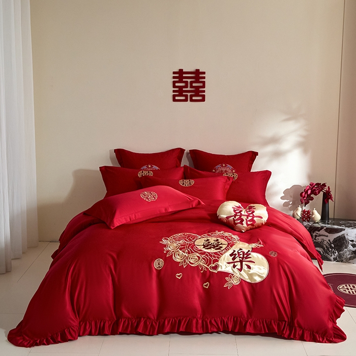 玉雅家纺 2025新款水洗冰丝刺绣床裙款婚庆四件套 床裙款-心相印