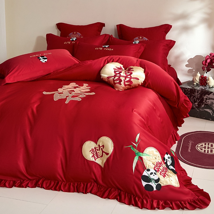 91家纺网 家纺一手货源 找家纺 玉雅家纺 2025新款水洗冰丝刺绣床裙款婚庆四件套 床裙款-欢欢喜喜