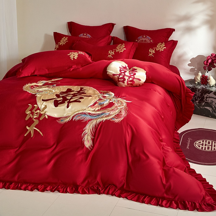 91家纺网 家纺一手货源 找家纺 玉雅家纺 2025新款水洗冰丝刺绣床裙款婚庆四件套 床裙款-龙凤缘