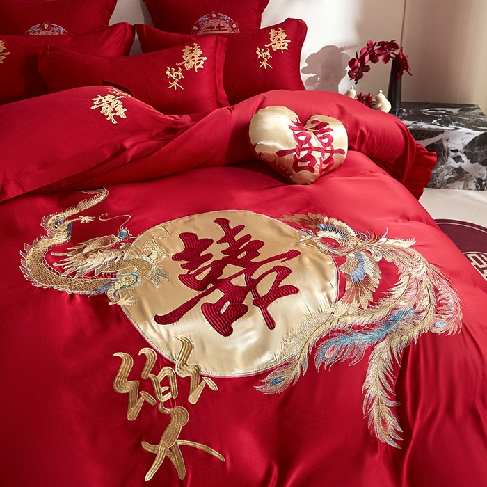 91家纺网 家纺一手货源 找家纺 玉雅家纺 2025新款水洗冰丝刺绣床裙款婚庆四件套 床裙款-龙凤缘