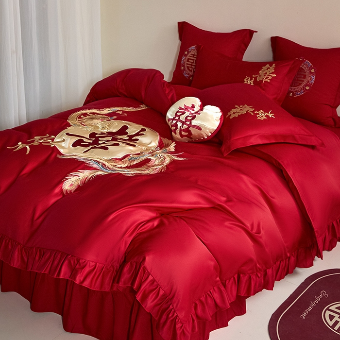 91家纺网 家纺一手货源 找家纺 玉雅家纺 2025新款水洗冰丝刺绣床裙款婚庆四件套 床裙款-龙凤缘