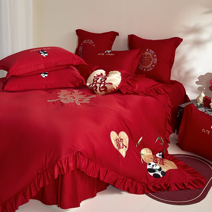 91家纺网 家纺一手货源 找家纺 玉雅家纺 2025新款水洗冰丝刺绣床裙款婚庆四件套 床裙款-欢欢喜喜