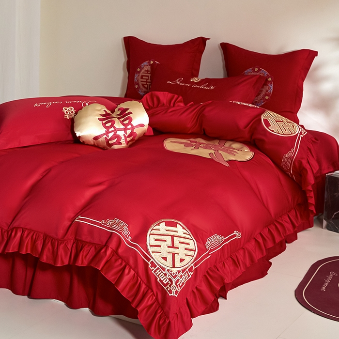 91家纺网 家纺一手货源 找家纺 玉雅家纺 2025新款水洗冰丝刺绣床裙款婚庆四件套 床裙款-喜临门