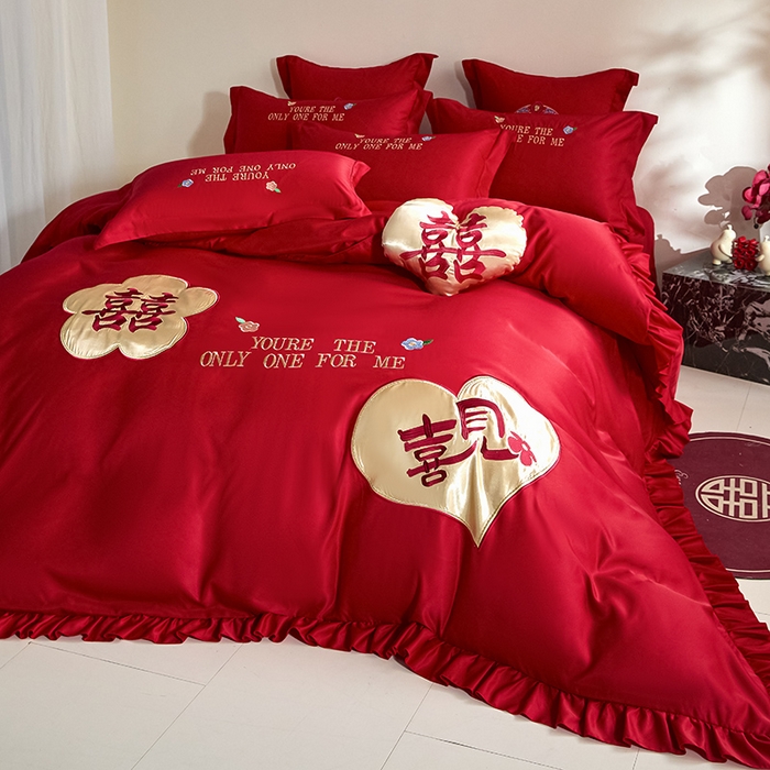 91家纺网 家纺一手货源 找家纺 （总）玉雅家纺 2025新款水洗冰丝刺绣床裙款婚庆四件套