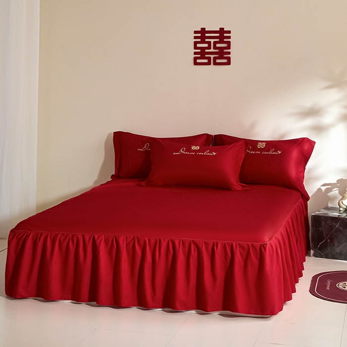 91家纺网 家纺一手货源 找家纺 玉雅家纺 2025新款水洗冰丝刺绣床裙款婚庆四件套 床裙款-爱意浓