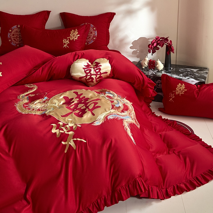 91家纺网 家纺一手货源 找家纺 玉雅家纺 2025新款水洗冰丝刺绣床裙款婚庆四件套 床裙款-龙凤缘